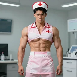 a muscular man cosplaying as a sexy nurse