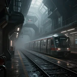 Futuristic cyber subway station , gloomy and foggy atmosphere, octane render, artstation trending, horror scene, highly detailded