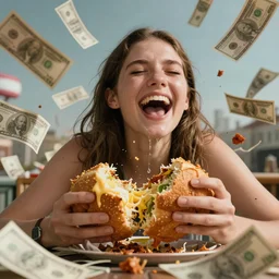 sweating laughing, over piles half eaten rotting fast food, money thrown and floats in the air, hyper realistic photo, full colour, upscale, 8 k, masterpiece,