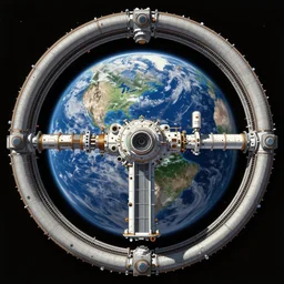 a highly detailed beautiful portrait of circular space station with elevator connected to earth, by gregory manchess, james gurney, james jean