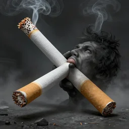 a gigantic cigarette smoking up a human being, dramatic, grey tones, digital art, detaild