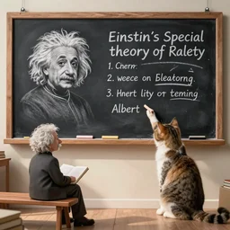 a cat on writing with chalksticks on a blackboard, teaching einstein\'s special theory of relativity. Albert Einstein himself sitting on a bench in from of the cat and studying, attending cat\'s lecture