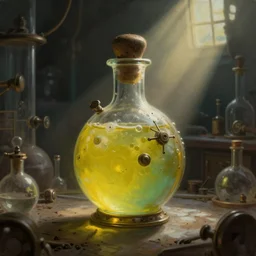 a steampunk painting of a centered vintage yellow green steampunk poison potion bottle, lit by a single ray of sunlight in a dark dusty vintage science lab, by h. r. giger, hyperrealistic fantasy art, concept matte, ethereal, dreamy, digital art, trending on artstation, volumetric cinematic lighting