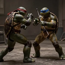 hyper realistic teenage mutant ninja turtle movie still, gritty, realistic, noir, fight scene,