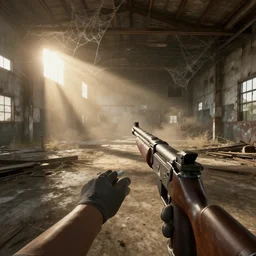 fps view with riflegun, abandoned warehouse, sunrise light, cobwebs, dust particles, dirt, video game, ps 4 graphics, hyperdetailed, artstation, cgsociety, 8 k