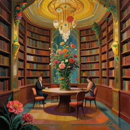a matte painting of an art - deco library interior decorated with flowers. by mark keathley and mandy jurgens and charlie bowater, cgsociety, artdeco, utopia art, bold colors, sci - fi, artstation hq