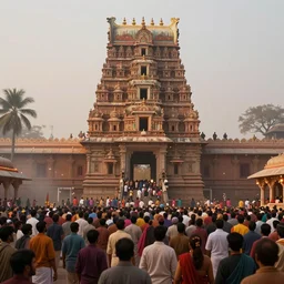 huge crowd gathers for diwali celebrations outside an ancient temple in hampi, karnataka, misty day, ornate, intricate, elegant, highly detailed, digital painting, artstation, concept art, smooth, sharp focus, illustration, art by artgerm
