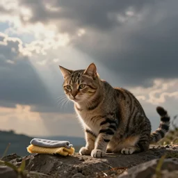 tired janitor cat cleaning the skies