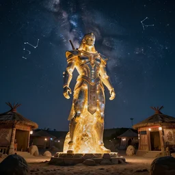 Titan-sized resin-epoxy statue of a futuristic warrior with bright lights inside of it in the middle of an ancient nomadic tribal village at night. The Milky Way Galaxy is visible in the night sky along with many constellations and nebulas. Cinematic, Award winning, ultra high resolution, intricate details, UHD 8K