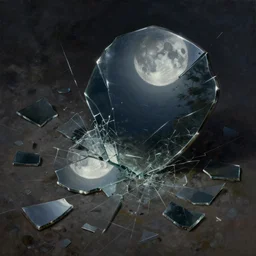 a broken mirror, many pieces, cracked, broken, many shards, lying on the ground, reflection of the moon, very detailed, digital painting, oil painting, moonlight, dark night, hyperrealistic, fantasy art, highly detailed, beautiful, artstation, cgsociety, illustration by greg rutkowski