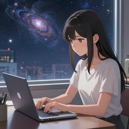 a beautiful anime-style digital concept painting of a young woman studying on a laptop in front of a window with a view of the universe, by Stanley Artgerm Lau, WLOP, Rossdraws, LeraPi, and Sakimichan, trending on artstation