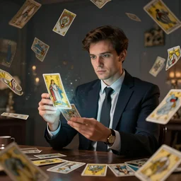 male accountant examining the mysteries of tarot magic, cards flying everywhere, magic everywhere, matte painting, high quality