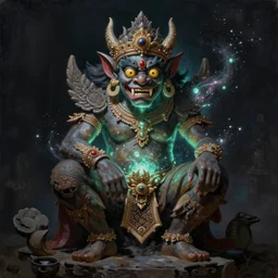 barong the balinese demon glowing with magical fairy dust. whimsical fantasy art. award winning painting. highly detailed digital art. high contrast. dark background. beautiful composition. masterpiece. trending on artstation