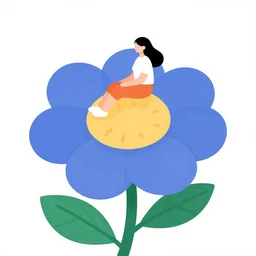 a woman sitting on top of a giant flower, flat design, flat colors
