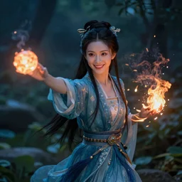 breathtaking female portrait, smiling hapa sorceress chasing will-o-wisps casting a fireball in a garden