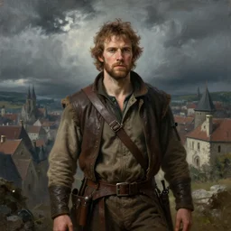 portrait of an adventurer, painting by michael wellen, john stephens, in a medieval city, tone mapping, stormy weather, trending on artstation