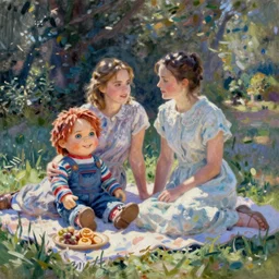 emma watson and chucky doll having a picnic painting by monet