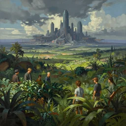 vast landscape, lush plants in the foreground. distant cyberpunk metropolis, hyper real painting by weta chiara bautista karl kopinski kim jung giu and weta studio, and lucasfilm and jesper ejsing and norman rockwell greg rutkowski frank frazzeta