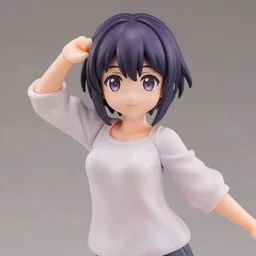 complete figure of short emo girl wearing a comfy blouse, shortstack, personification, tsurime eyes, tareme eyes, eyes by kon satoshi, ^. ^ eyes, dynamic pose, amiami, aniplex, kotobukiya, beautiful composition, 4 5 mm lens, focal length 2, hdr