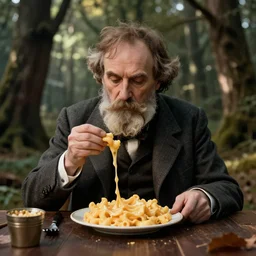 charles darwin eating mac and cheese in the woods