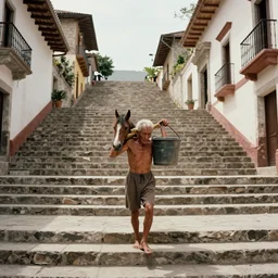movie still by tarkovsky of an skinny old man carrying a bucket with a horse on a mexican town infinite stairs by escher, cinestill 8 0 0 t 3 5 mm eastmancolor, heavy grain, high quality, noir, natural textures, photorealistic, ambient occlusion, hd, ultra wide lens, anamorphic