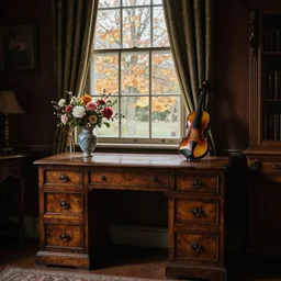 an old wooden desk with a flower vase and a violin, in a richly decorated Victorian house. the autumn light comes in through a window and dimly illuminates the room, softened diffuse light, photorealism, photo taken with a canon EOS and 35 mm lens