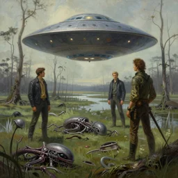 digital painting of ovni crash swamp wasteland, alien body parts on the floor, elegant artwork by lee bermejo and greg rutkowski and alphonse mucha