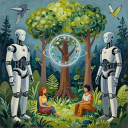 conceptual painting about the symbiosis between artificial intelligence, robots humans and nature