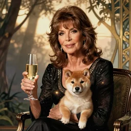 jane fonda with glass of champagne in her hand and a shiba inu puppy on her lap. art nouveau