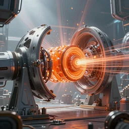 mega structure of particle accelerator with orange power core, particle flying high speed, high tech sci - fi, futuristic, 8 k texture, technology, render in octane, artstation, art by artgerm, greg rutkowski, and magali villeneuve