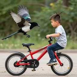 a magpie attacking a young boy, mullet haircut, large forehead, red bike, bold natural colors, national geographic photography, masterpiece, 8 k, raw, unedited, symmetrical balance