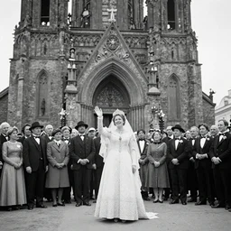 The Empress was smiling and waving to the spectators as they waited outside the church in this extreme wide shot, coloured black and white Russian and Japanese combination historical fantasy photographic image of a Royal wedding taken in 1907 by the event's official photographer.