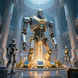 cult of technology, exterior of scifi temple, machines, robots, ultra realistic, golden computers, blue, white, highly detailed, atmosphere, masterpiece, epic lighting, glowing wires, mysterious, illuminated, 4 k, cinematic, art by patryk olkiewicz and chris ostrowski and liang yao