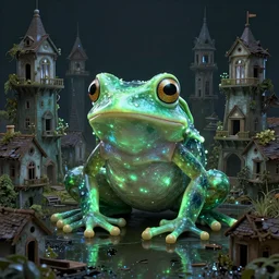 bioluminescent frog monster on a angelic city biome full of abandoned homes, fantasy, hyper realism, wet reflections, intricate, digital art, detailed, studio shot, unreal engine 5, octane, high definition, smooth, artstation, behance