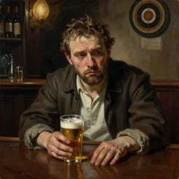 painting of Bully from bullseye sitting at the bar of an English pub with a half drunk pint of ale. He looks sad and dejected by carravagio, goya, titian dramatic light