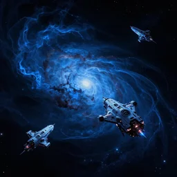blue nebulous in dark space, star ships, very dark, neon, shine, high detail, ultra realistic