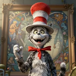 complex 3 d render, hyper detailed, ultra sharp, of the cat in the hat, scary, cinematic, natural soft light, rim light, art by greg rutkowski and artgerm and alphone mucha, dr seuss