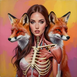 painting of [ hybrid between megan fox!!!!!! & red fox ], intercrossed human & animal, human face with fox whiskers and ears, half of the face skin completely removed exposing, muscles and skull bones, trending on artstation, mixture, by zdzislaw beksinski,, logical anatomy, bright hue's, vibrant tone gradient background, concept art