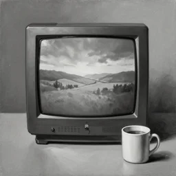 a monochrome oil painting of a crt television next to a mug