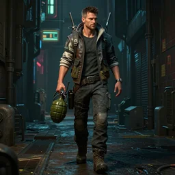 a detailed full bodied 3 d render of an extremely handsome jensen ackles as time traveler walking down a dark alley in cyberpunk 2 0 7 7, holding a milkor mgl grenade launcher, aetherpunk, volumetric lighting, octane render, 8 k, art by greg rutkowski and albert bierstadt and alphones mucha