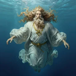 hyperdetailed underwater portrait of a god with beard floating in a robe. by greg rutkowski, highly detailed, digital painting, artstation, smooth, sharp focus illustration, artstation hq. intricate, elegant. art by wlop and artgerm and greg rutkowski, alphonse mucha, medium shot. dan mumford, tomokazu matsuyama, takato yamamoto