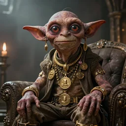 gollum couching in a dungeon proudly wearing lots of gold and jewelry and bling and medallions, hip hop style, lotr, imax, foggy atmosphere, bokeh, professional studio shot, stylized photo, single image