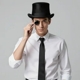 handsome man wearing a white shirt and necktie and a top hat and a monocle, medium shot, photography, high quality, studio lighting, 4k,