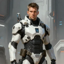 scifi art by Greg Rutkowski, a man wearing futuristic tactical gear, colored in white and black, claustrophobic and futuristic environment, detailed and intricate environment, high technology, highly detailed portrait, digital painting, artstation, concept art, smooth, sharp foccus ilustration, Artstation HQ