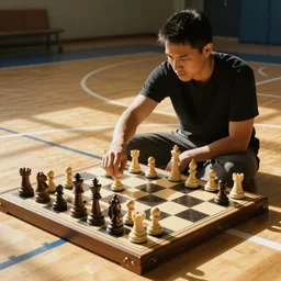 playing chess on basketball field, hyperrealistic, volumetric golden dappled dynamic lighting, highly detailed, sharp focus, by victo ngai, artgerm