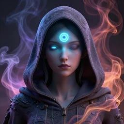 a beautiful detailed 3 d matte portrait of a hooded figure with a small magical neon glowing third eye, by ellen jewett, by tomasz alen kopera, ominous, magical realism, texture, intricate, whirling smoke, radiant colors, fantasy, volumetric lighting, high details