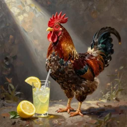 rooster drinking lemonade, oil painting by greg rutkowski