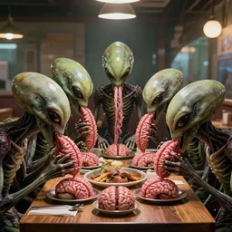 aliens brainsuckers eating brains in restaurant by katsuya terada, photorealism, hyper realism, octane render, 8 k, hyper detailed.