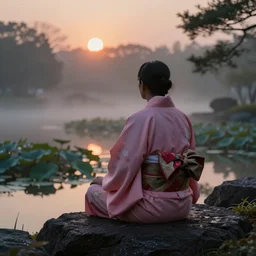 bokeh lens, photo of a zen master wearing a beautiful pink and red kimono quietly sitting in a rock garden overlooking a pond of lilly pads during a sublime sunrise, one sun, his dark silhouette completely obscured by bokeh, colorful masterpiece photography, atmospheric, fog, morning dew,