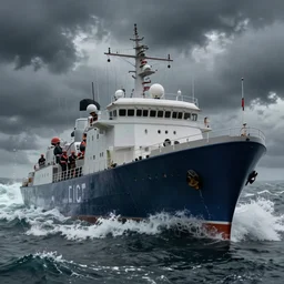 intense ship persecution, ship being persecuted by a police ship over raging turbulent waters, hyper realistic, highly detailed, digital art, apocalyptic, intimidating lighting, raytracing, sharp focus, smooth, romanticism
